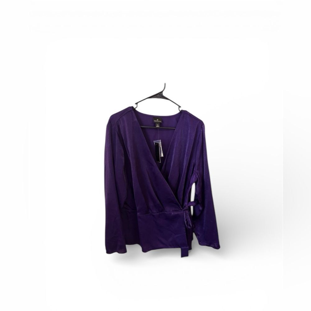 NWT Worthington Purple Satin V Neck Blouse Long Sleeve Size XXL